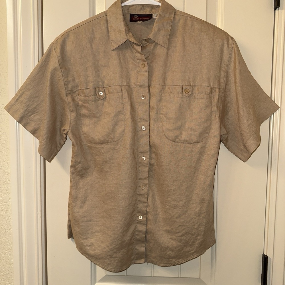 VTG Smith Forester 100% Linen Shirt Sz 8 S Tan Safari Utility Shoulder Pads HK